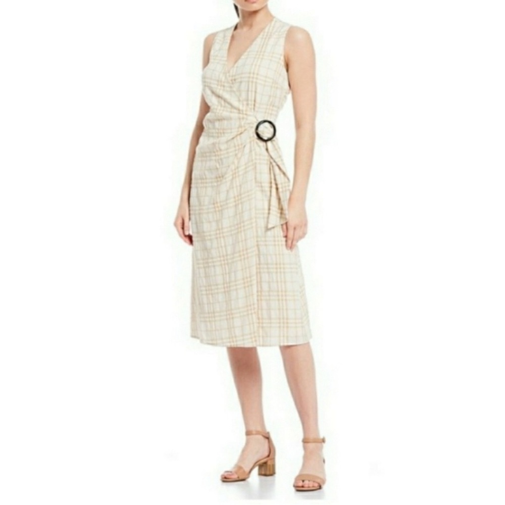 Alex Marie Khaki Ivory Plaid Faux Wrap Midi Dress Size 8